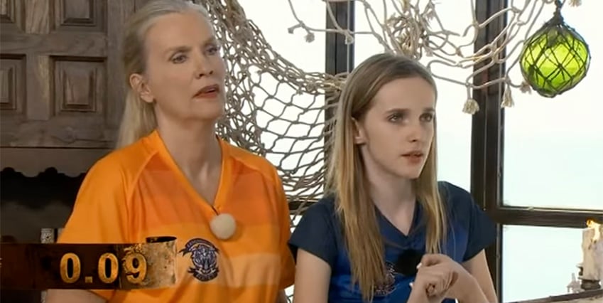 Till vänster i bild ser vi Gunilla Persson i en orangea t-shirt, hon har håret uppsatt och ser fokuserad ut. TIll höger i bild ser vi dottern Erika Persson i en blå t-shirt, hon ser sammanbiten ut.