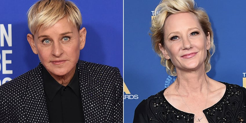 Till vänster i bild ser man stjärnan Ellen DeGeneres i en svart skjorta och en glittrig kavaj. Till höger i bild ser man Anne Heche i en svart klänning. De bägge kvinnorna är fotograferade mot en blå bakgrund.