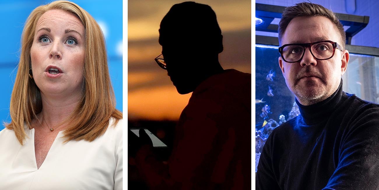 Bilden visar Annie Lööf till vänster, hon ser förvånad ut, i mitten visas n silhuett av en man som chattar med en mobil och till höger ser vid Fredrick Federley i en svart polotröja, han sitter framför ett akvarium.