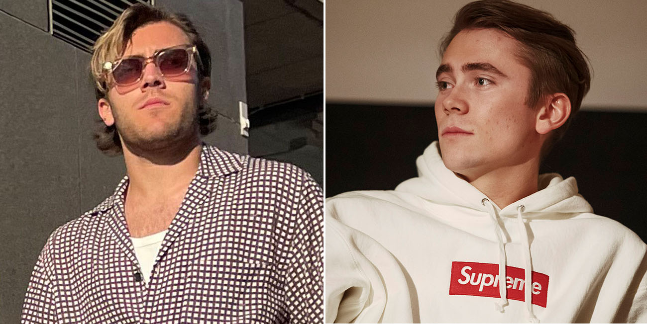 Till vänster ser vi Benjamin Ingrosso i solgalsögon, han har en smårutig skjorta och ser sammanbiten ut, till höger ser vi Felix Sandman i en vit luvjacka, han ser sårbar ut.