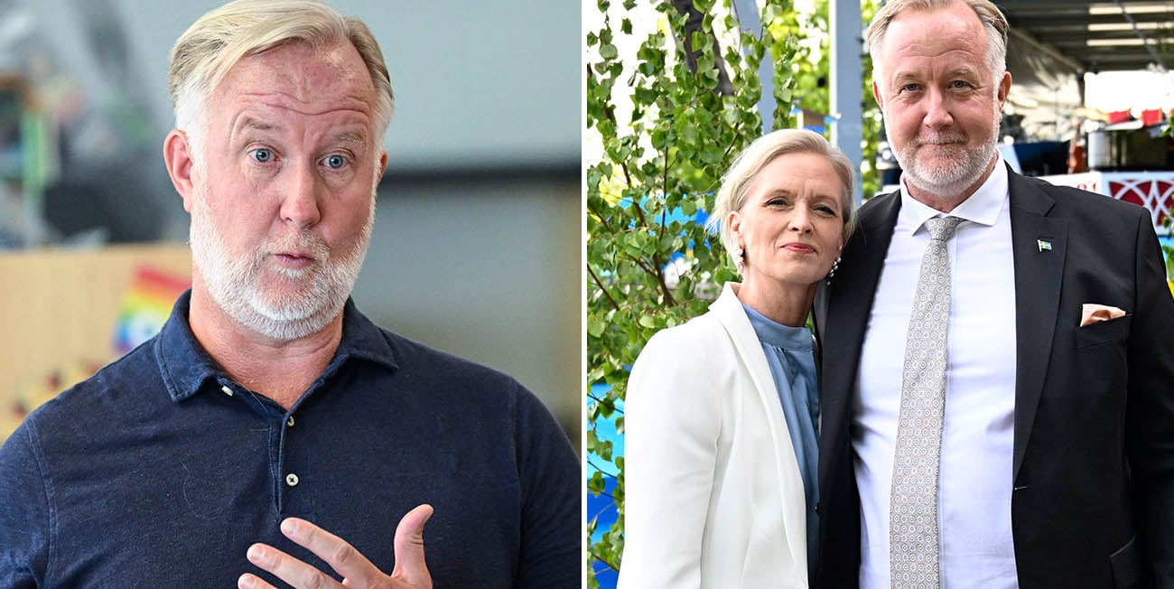 Till vänster ser vi en häpen Johan Pehrson från Liberalerna, han ser häpen ut. Till höger ser vi Johan Pehrson i kostym tillsammans med särbon Marie Brodin som bär en vit kavaj.