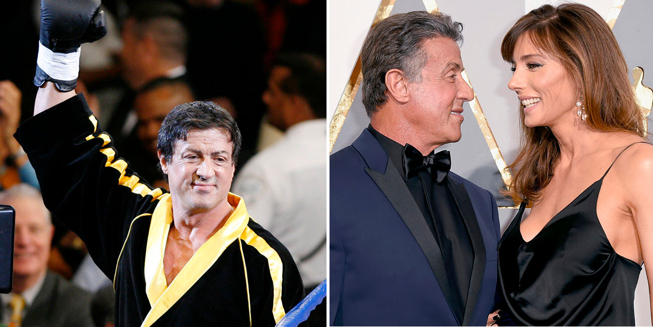 Till vänster ser vi Sylvester Stallone i boxningsringen, han höjer sin ena näve till hälsning. Till höger ser vi Sylvester Stallone och hustrun Jennifer Flavin.