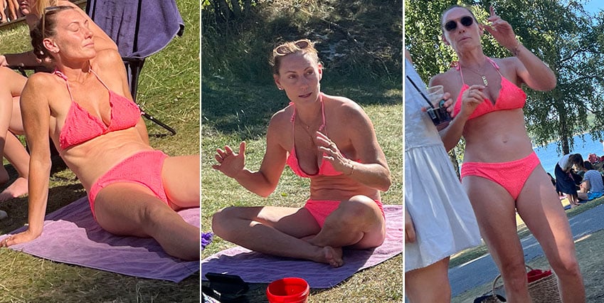 Bilderna visar sångerskan Lina Hedlund när hon solar i en korallröd bikini.