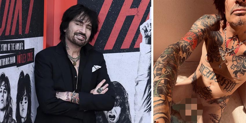 Bilden visar rockstjärnan Tommy Lee i svarta kläder med en grafittivägg bakom sig. PÅ bilden till höger ser vi en naken och tatuerad Tommy Lee som visar sin erigerade penis, penisen är dock maskad.