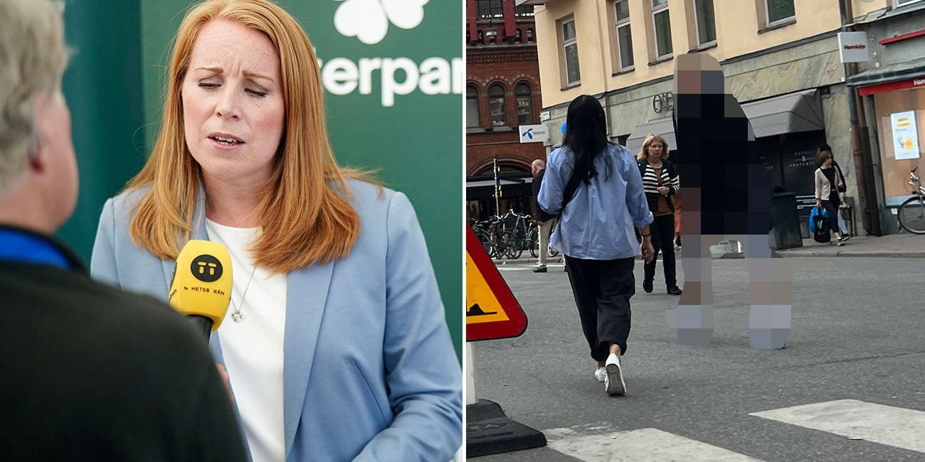 Till vänster ser vi en pressad Annie Lööf i blå kavaj och vit t-shrit, hon blundar och ser pressad ut. Till höger ser vi en pixlad man som rör sig på Östermalm i Stockholm.