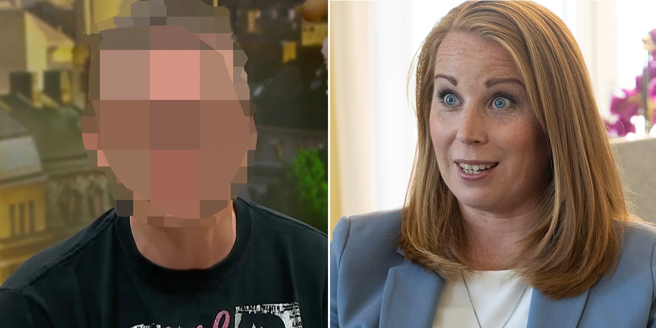 Till vänster ser vi en pixlad man i en tv-studio, han har en svart t-shirt. Till höger ser vi en pressad Annie Lööf i en blå kavaj och vit-shirt.