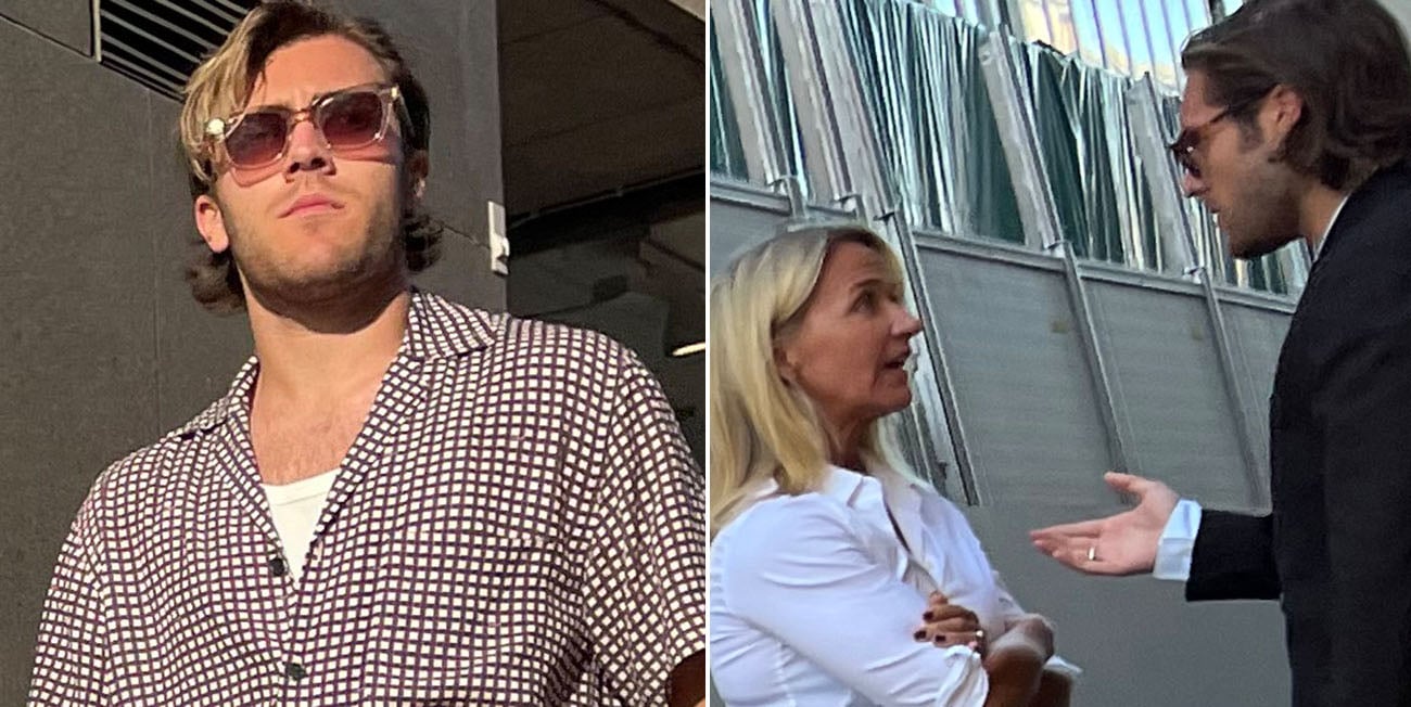 Till vänster ser vi Benjamin Ingrosso i solgalsögon och smårutig skjorta, han ser barsk ut. Till höger ser vi Kristin Kaspersen stå och diskutera med Benjamin Ingrosso. Hon har vit blus och ser förvånad ut, han har svart kavaj och ser engagerad ut.