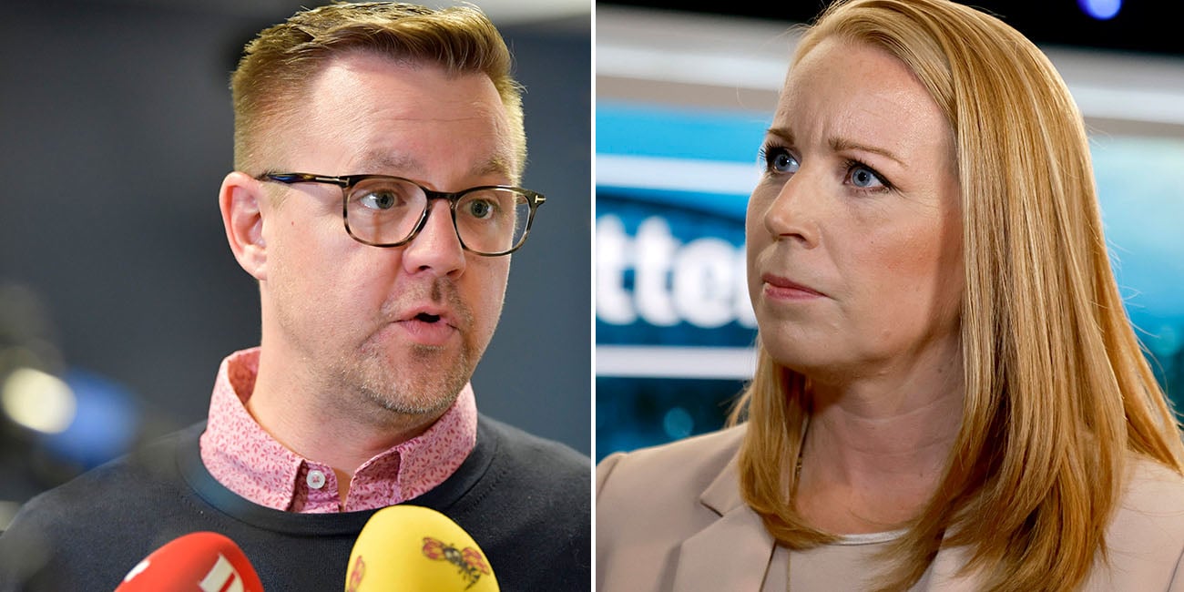 Till vänster ser vi Fredrick Federley i grå tröja, till höger ser vi en bekymrad Annie Lööf i beige kavaj.