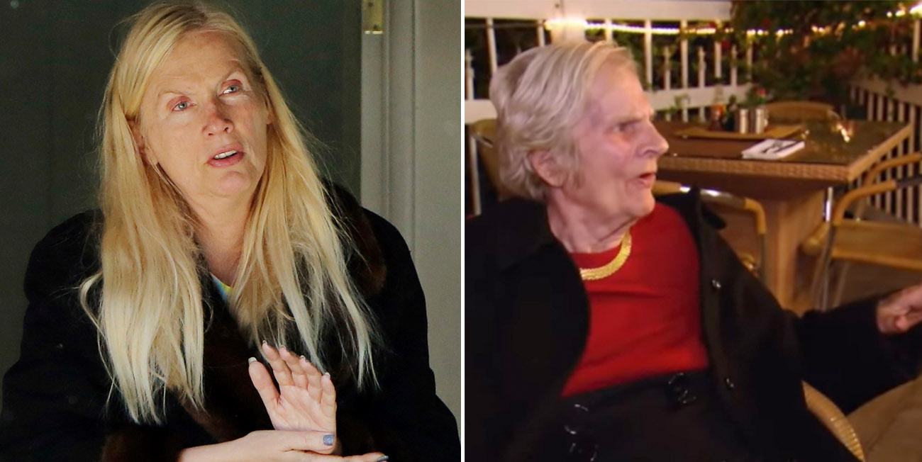 Till vänster ser vi en bekymrad Gunilla Persson, hon står i en dörröppning. Till höger ser vi Iris Persson i en röd tröja och svart kavaj, hon ser uppjagad ut.