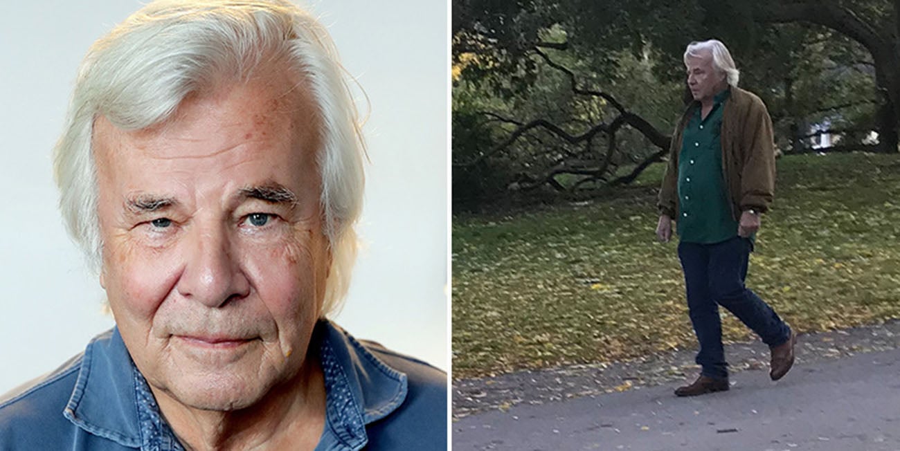 Till vänster ser vi Jan Guillou i en jeansskjorta, han tittar in i kameran. Till höger ser vi honom på promenad på Djurgården, han har jeans, grön skjorta och en brun mockajacka på sig.