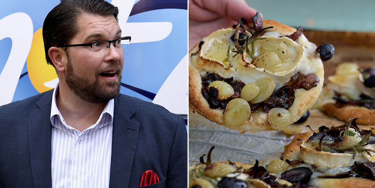 Till vänster ser vi en paff Jimmie Åkesson, han har en ljus skjorta och en blå kavaj på sig.