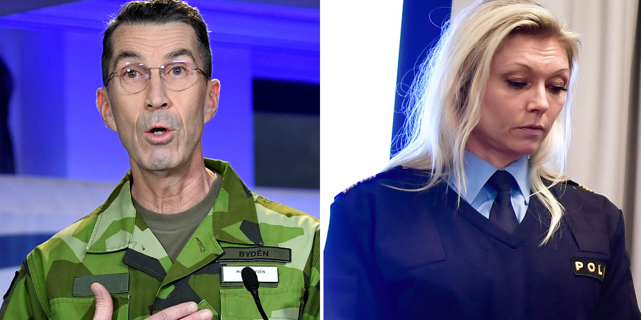 Till vänster ser vi en paff Micael Bydén i fältuniform. Till höger en bedrövad Linda H Staaf som böjer ned sitt huvud. Hon bär en stickad blå polis-tröja.