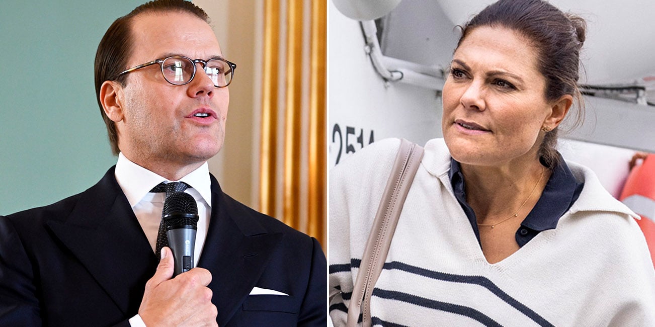 Till vänster ser vi en stram prins Daniel i mörk kostym, till höger ser vi en hukande kronprinsessan Victoria i en randig tröja, hon ser rädd ut.