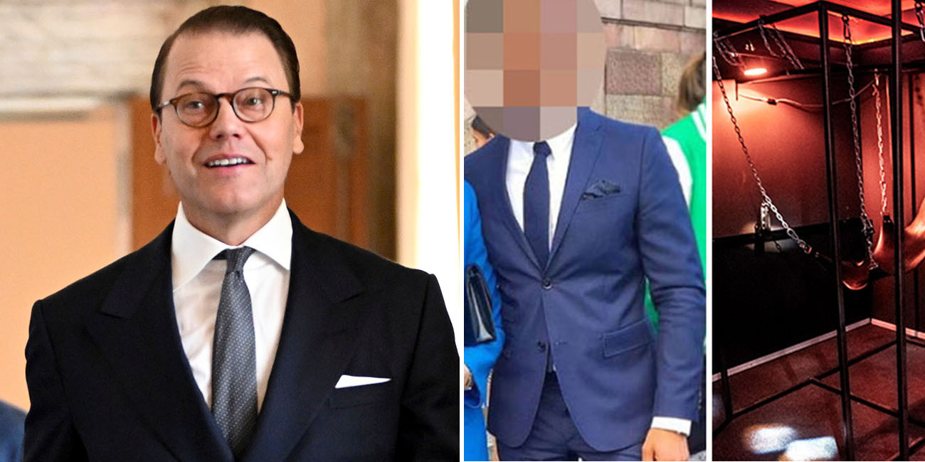 Till vänster ser vi prins Daniel i mörk kostym, han ser förvånad ut. till höger ser vi en kostymklädd tv-kändis, längst till höger ser vi ett gruppsexrum.