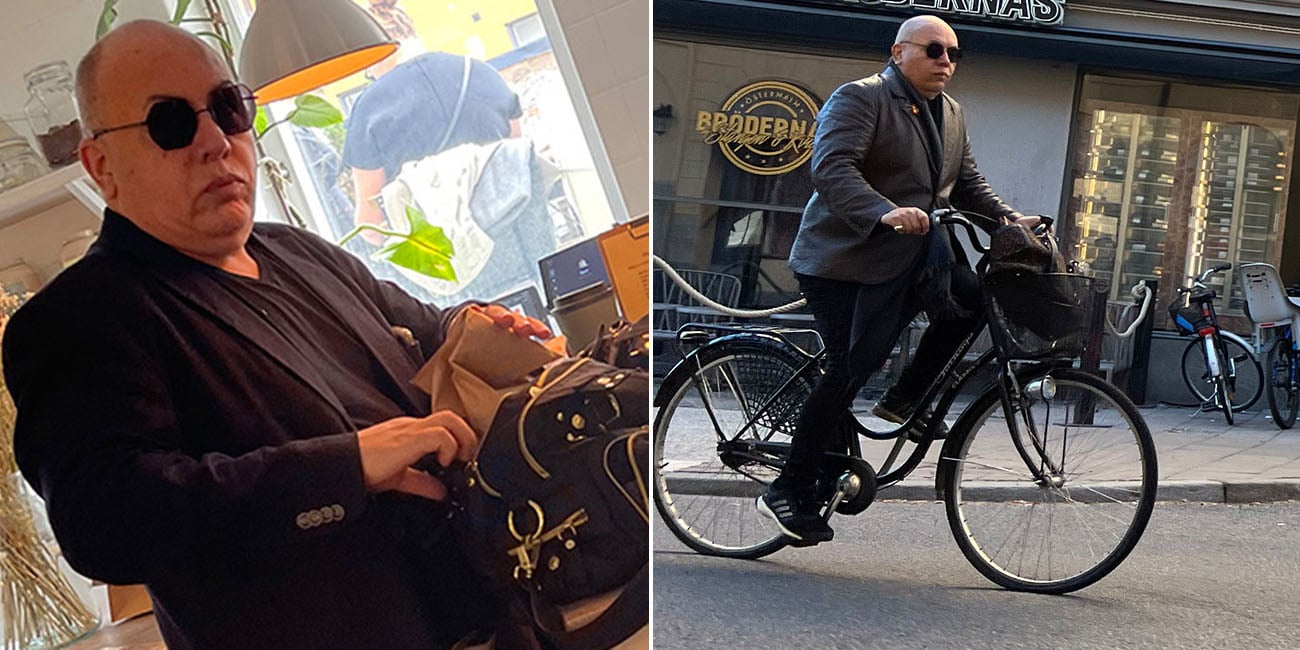 Till vänster ser vi Tito Frez i svarta solglasögon och en svart kavaj. Till höger ser vi honom cykla med en olivgrön skinnkavaj. Han bär solglasögon.