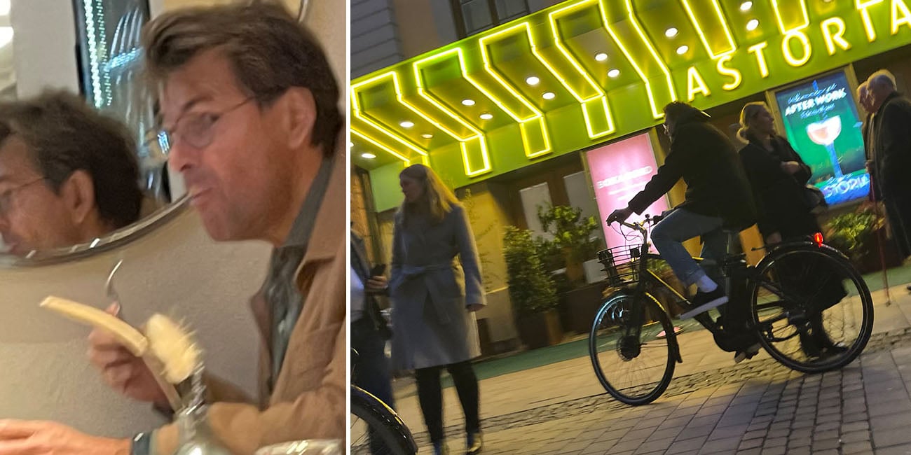 Till vänster ser vi Niklas Strömstedt sitta och äta, till höger ser vi honom på en cykel.