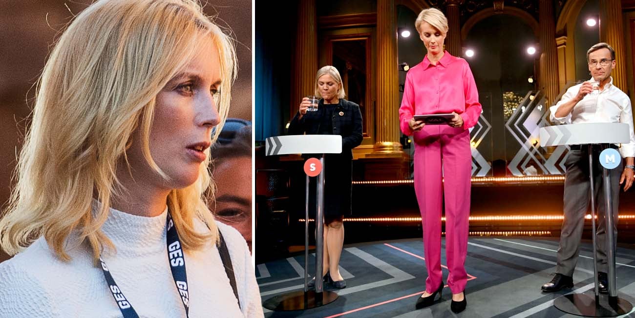 Jenny Strömsttedt på två bilder. En där hon ser lite ledsen ut och en annan under TV4:s partiledardebatt.