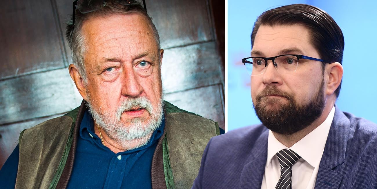 Leif GW Persson tittar in i kameran och Jimmie Åkesson tittar på professorn.