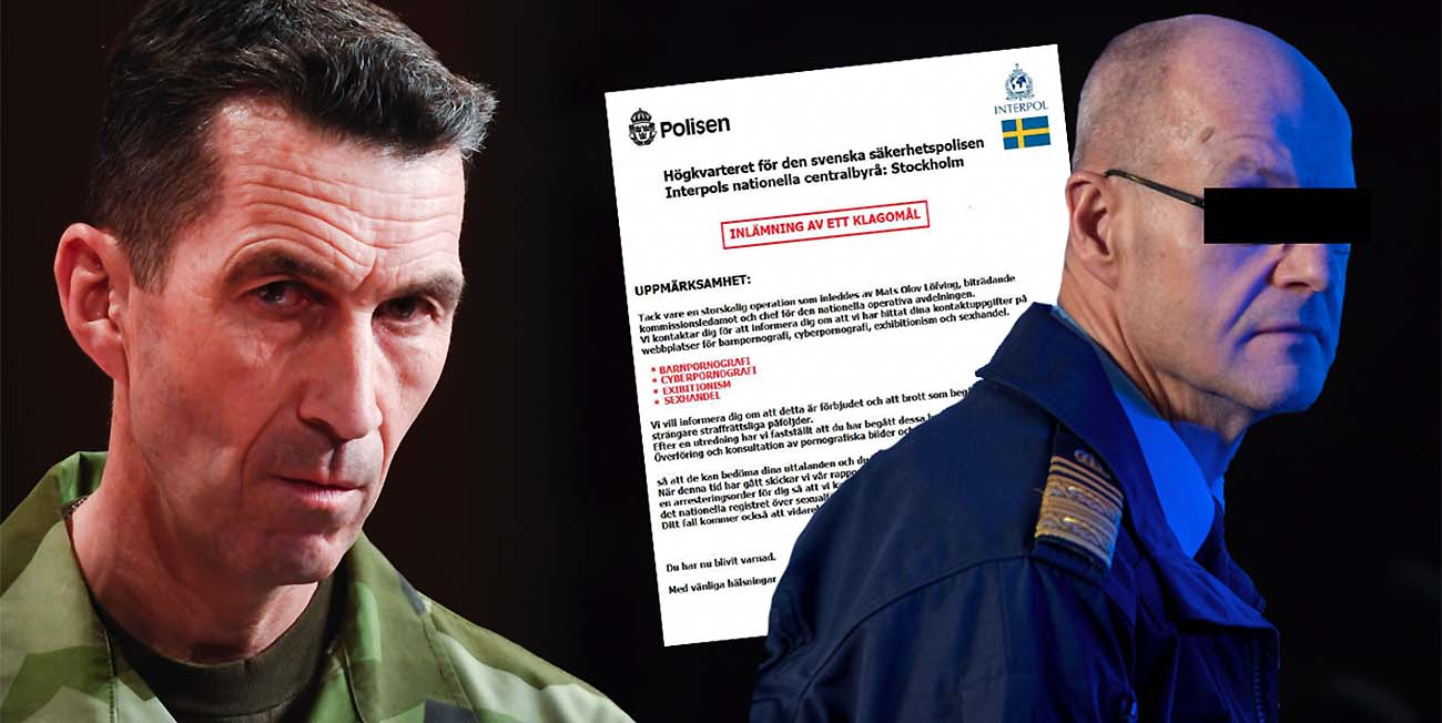 Till vänster ser vi en allvarsam ÖB Micael Bydén, i mitten ser vi ett dokument och till höger ser vi en maskad man i uniform.